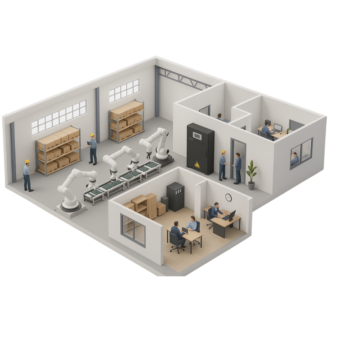 Rendering 3D azienda con Eco Black Box – Controllo energetico industriale di Elettrone