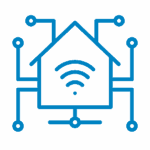 Icona stilizzata di una casa intelligente con simboli di connettività, energia e automazione, rappresentazione grafica della smart home gestita da Ebby