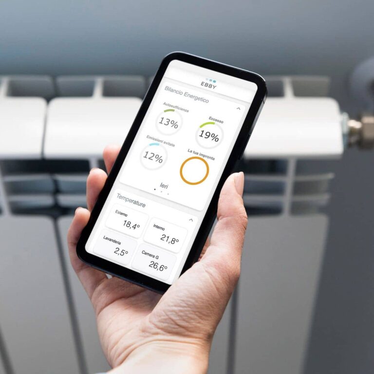 Visualizzazione dell'app Ebby One su smartphone con grafici di consumo energetico e monitoraggio dati